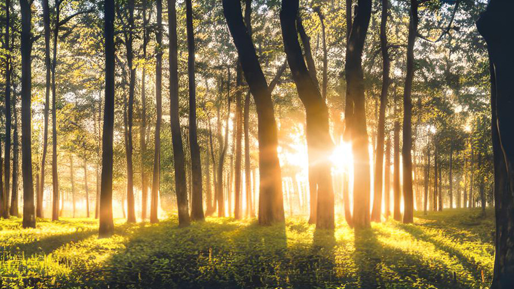 Serene forest at sunset, the golden rays of the sun filter through the trees creating enchanting shadows.