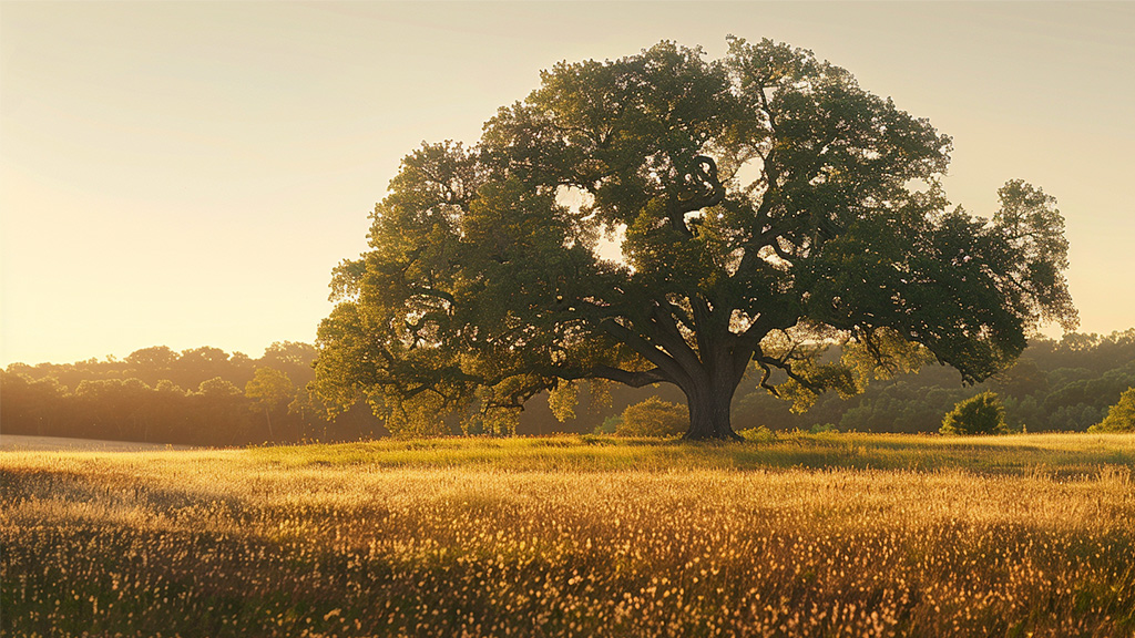 Majestic Oak tree standing alone in an open field, bathed by the golden hue of the sun at sunset.