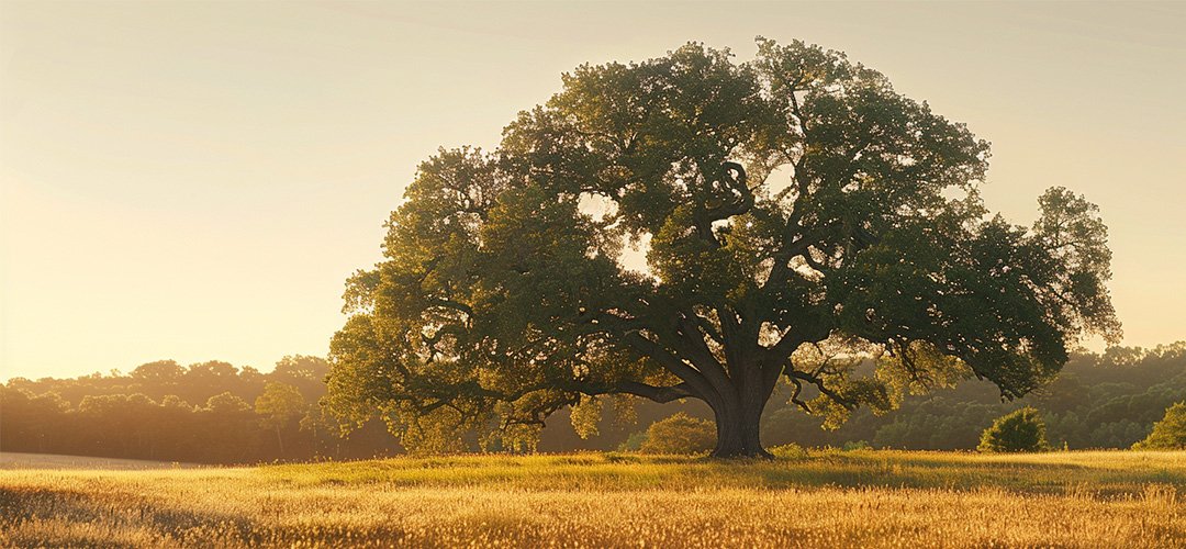 Majestic Oak tree standing alone in an open field, bathed by the golden hue of the sun at sunset.