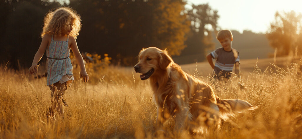 Two children and a dog in a sunlit field, evoking a sense of freedom and joy.