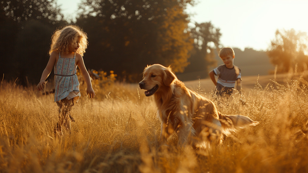 Two children and a dog in a sunlit field, evoking a sense of freedom and joy.